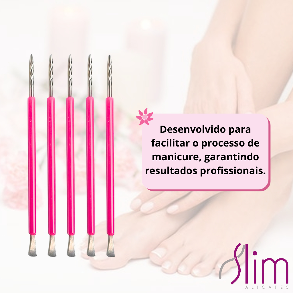 Kit 05 Espátulas Slim - Bastão Mista Unha Inox ROSA Com Silicone Cutelaria Manicure