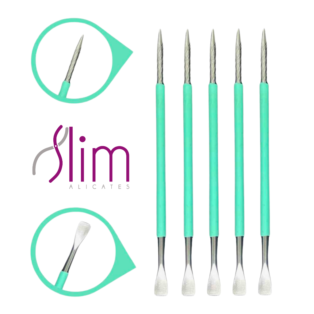 Kit 05 Espátulas Slim - Bastão Mista Unha Inox VERDE Com Silicone Cutelaria Manicure