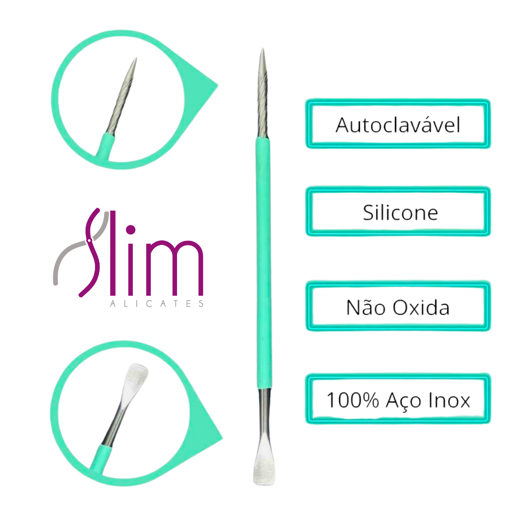 Kit 05 Espátulas Slim - Bastão Mista Unha Inox VERDE Com Silicone Cutelaria Manicure