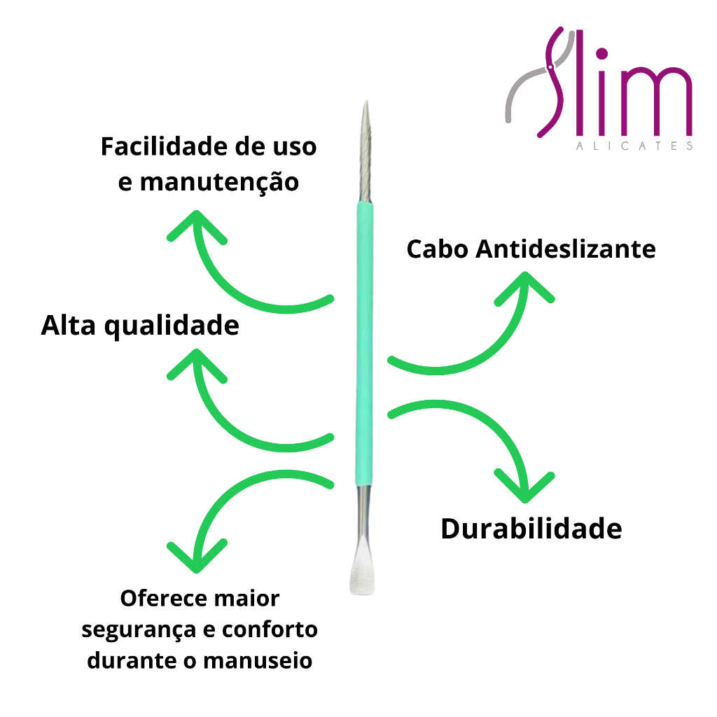 Kit 05 Espátulas Slim - Bastão Mista Unha Inox VERDE Com Silicone Cutelaria Manicure