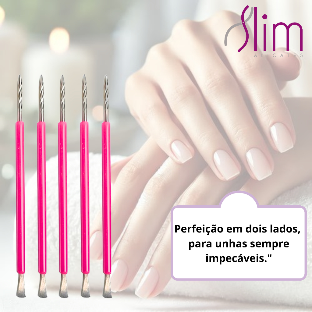 Kit 05 Espátulas Slim - Bastão Mista Unha Inox ROSA Com Silicone Cutelaria Manicure