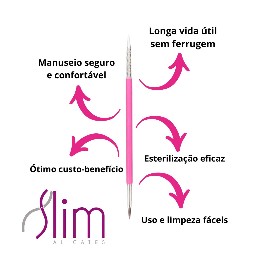 Kit 10 Palito Duplo 105 Cutícula Manicure Pedicure Cutelaria Unha rosa Silicone Esterilizável Inox Slim