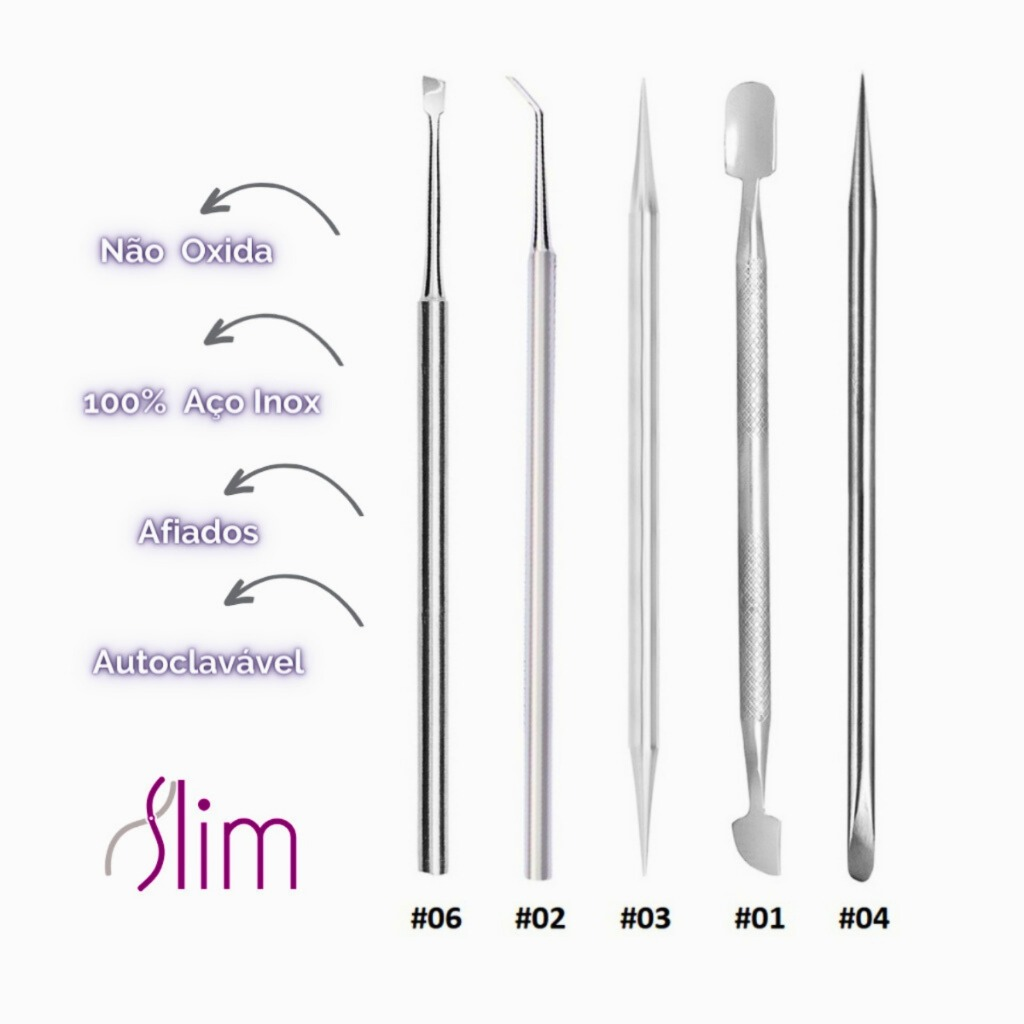 Kit Manicure Profissional 5 Itens - Espátulas Palitos - Aço Inox - Pedicure e Podologia Slim