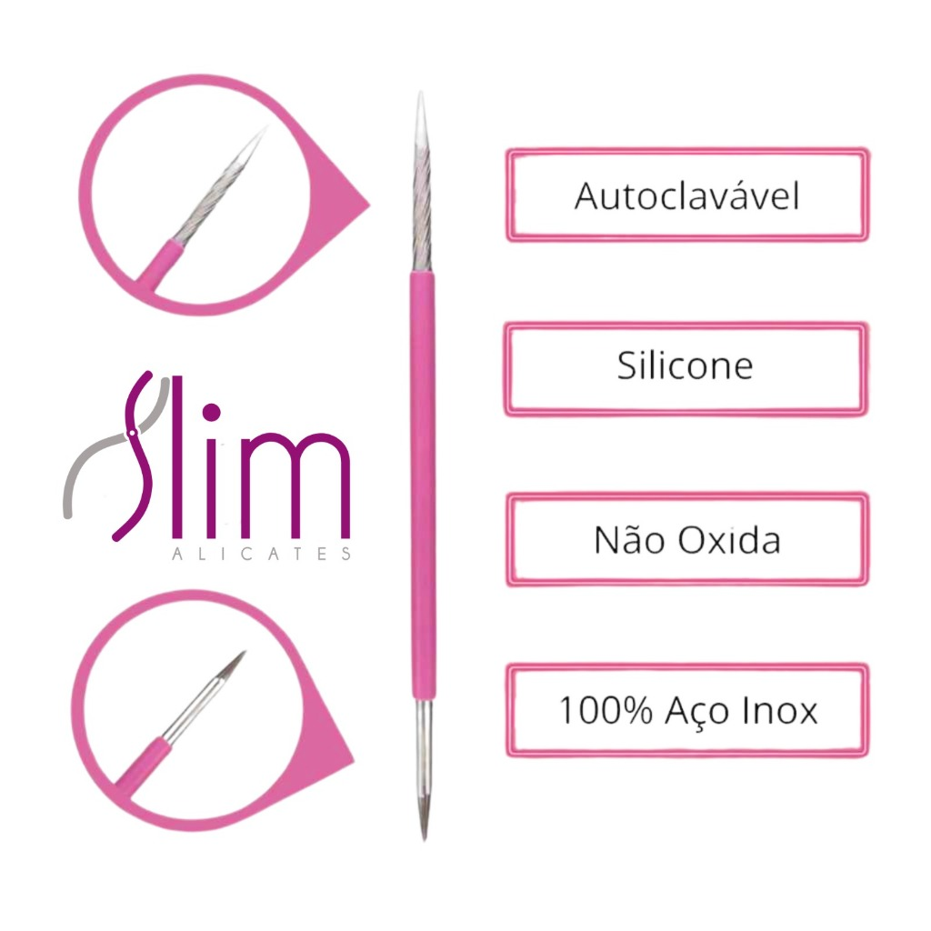 Kit 5 Palito Duplo 105 Cutícula Manicure Pedicure Cutelaria Unha rosa Silicone Esterilizável Inox Slim