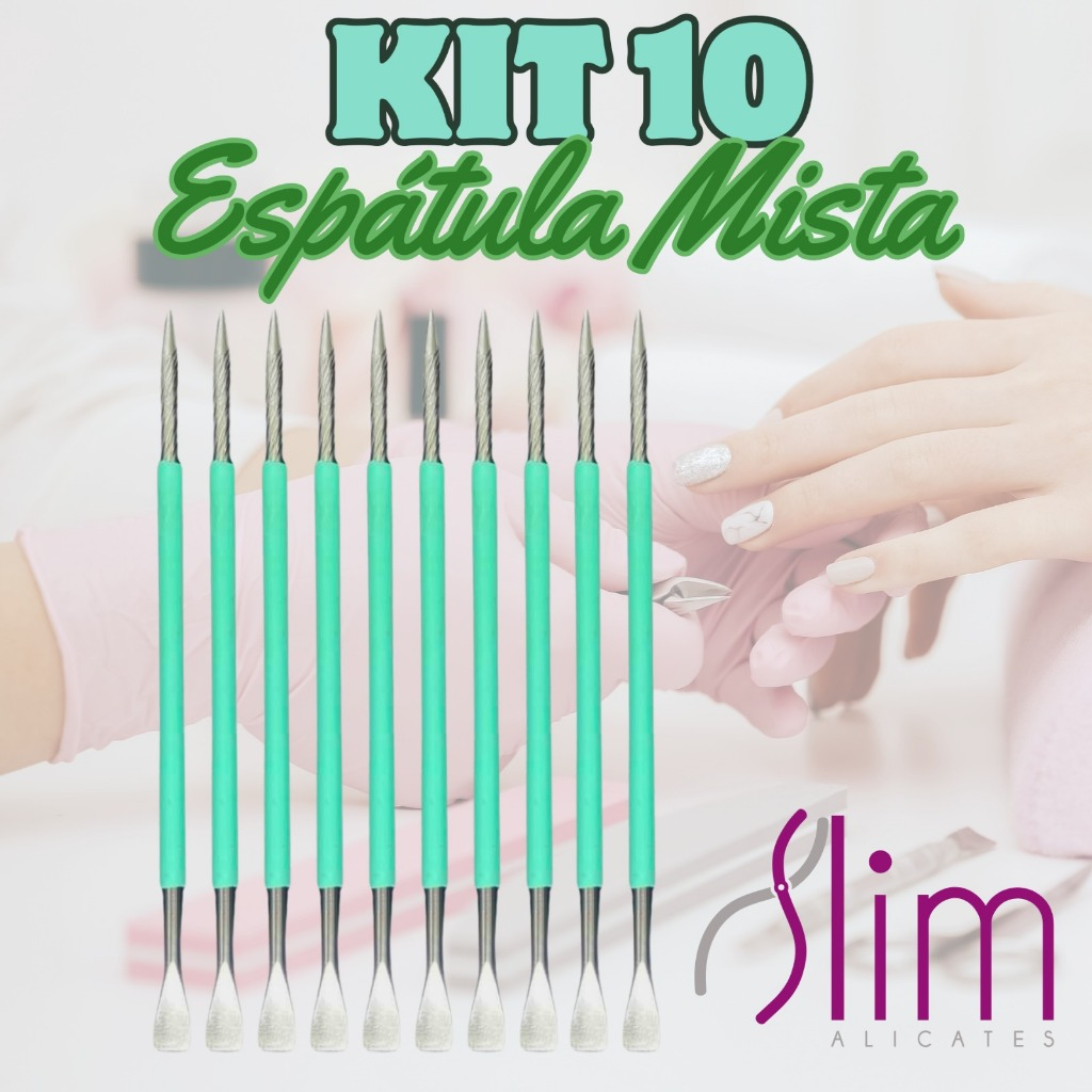 Kit 10 Espátulas Slim - Bastão Mista Unha Inox Com Silicone Cutelaria Manicure