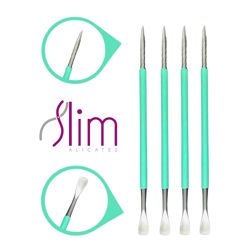 Kit 04 Espátulas Slim - Bastão Mista Unha Inox Com Silicone Cutelaria Manicure