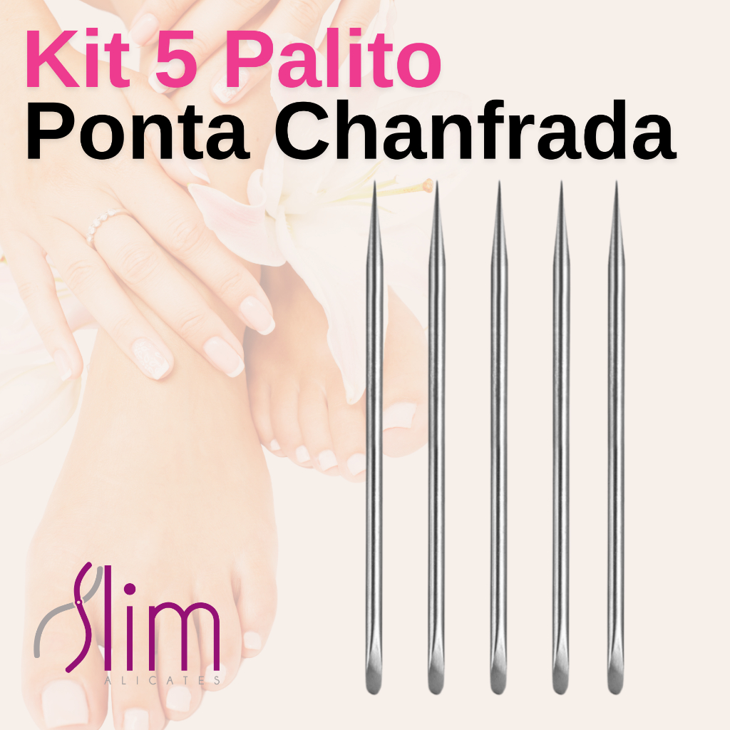 Kit 5 Palito Ponta Chanfrada Unha Manicure Profissional Inox Slim