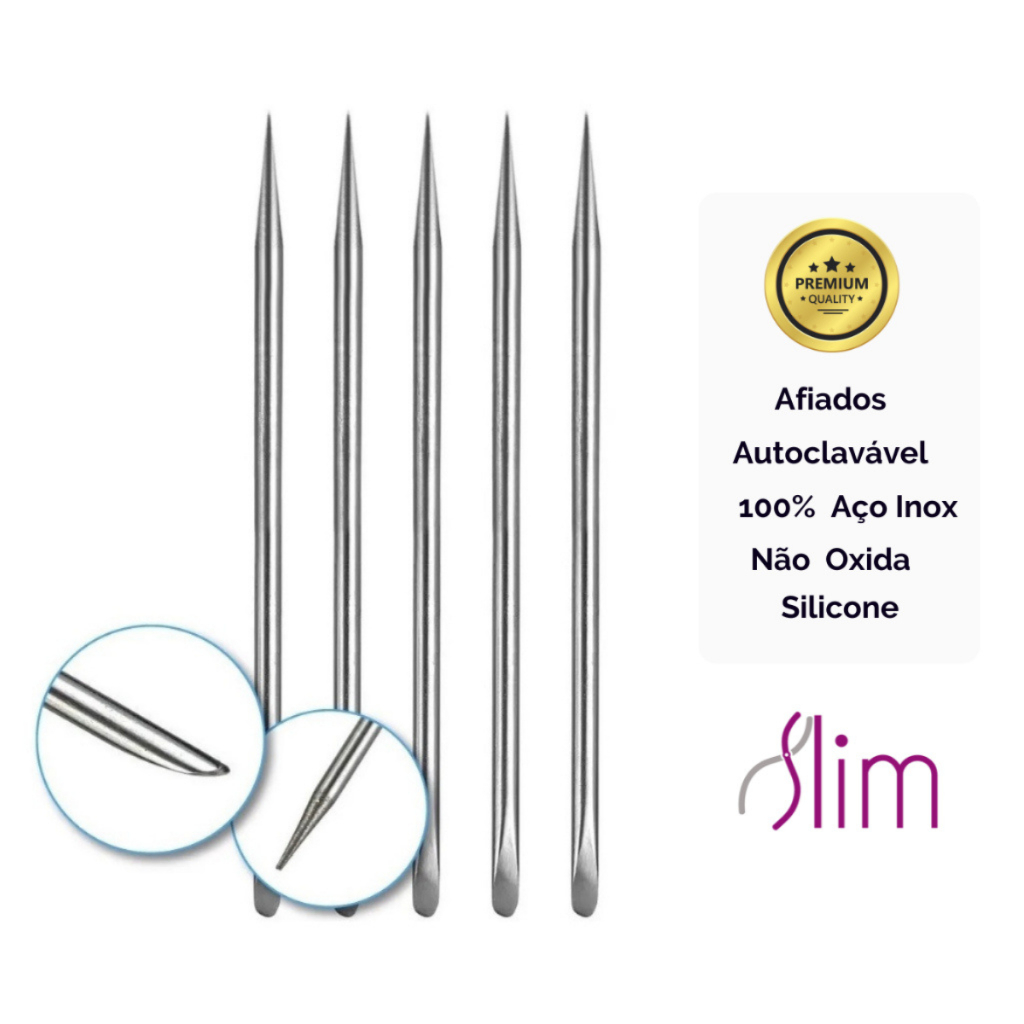 Kit 5 Palito Ponta Chanfrada Unha Manicure Profissional Inox Slim