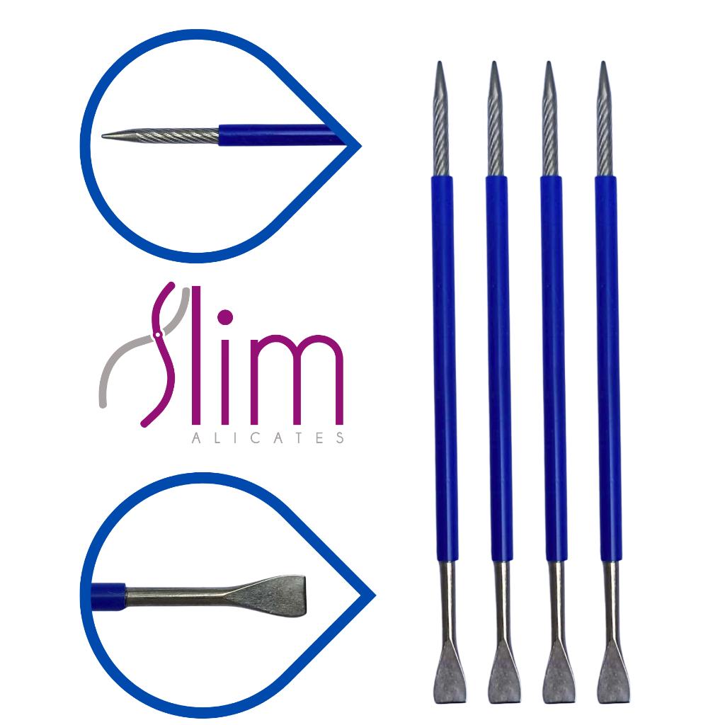 Kit 04 Espátulas Slim - Bastão Mista Unha Inox Com Silicone Cutelaria Manicure