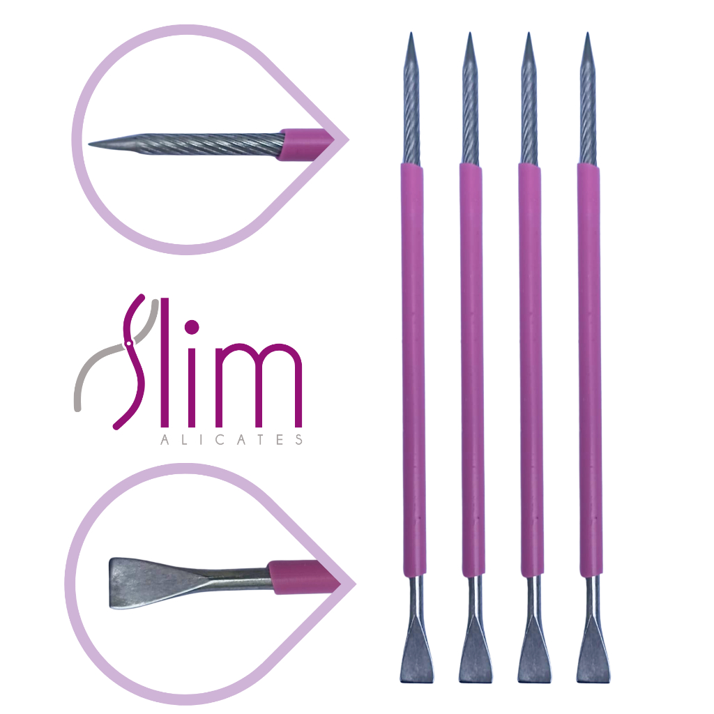 Kit 04 Espátulas Slim - Bastão Mista Unha Inox Com Silicone Cutelaria Manicure