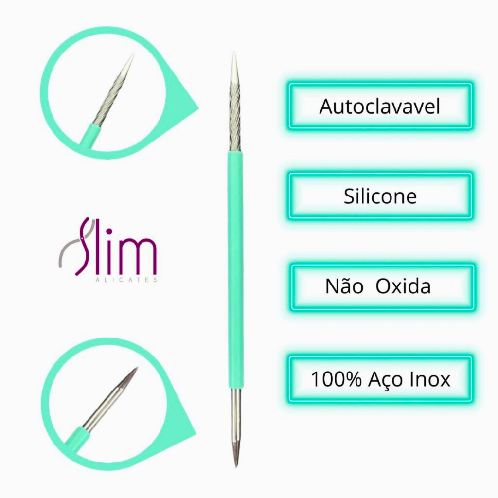 Kit 5 Palito Duplo 105 Cutícula Manicure Pedicure Cutelaria Unha verde Silicone Esterilizável Inox Slim