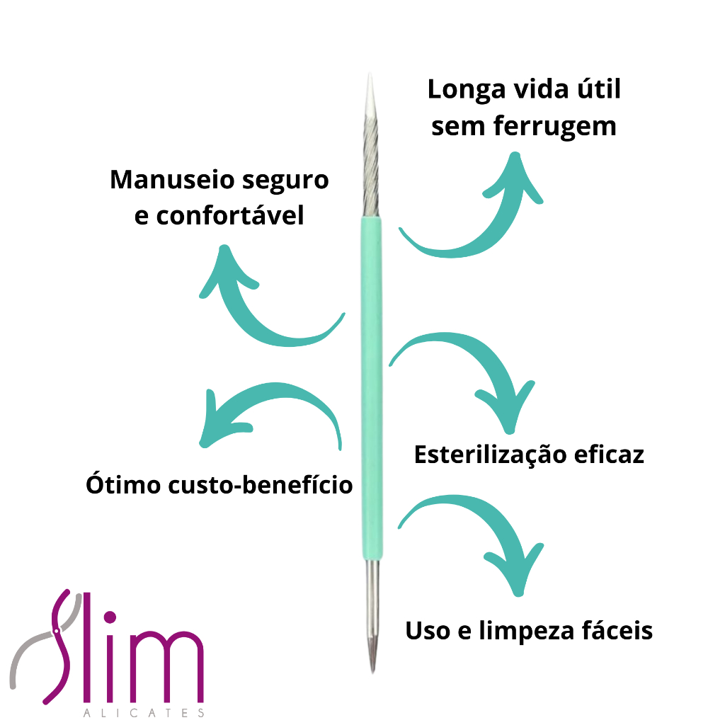 Kit 5 Palito Duplo 105 Cutícula Manicure Pedicure Cutelaria Unha verde Silicone Esterilizável Inox Slim