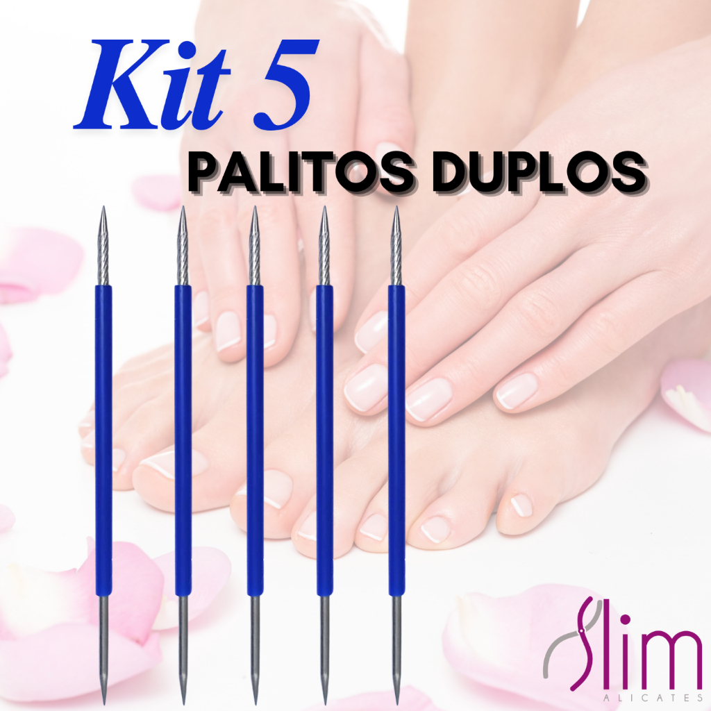Kit com 5 Palito Duplo 105 Cutícula Manicure Pedicure Cutelaria Unha Azul Silicone Esterilizável Inox Slim
