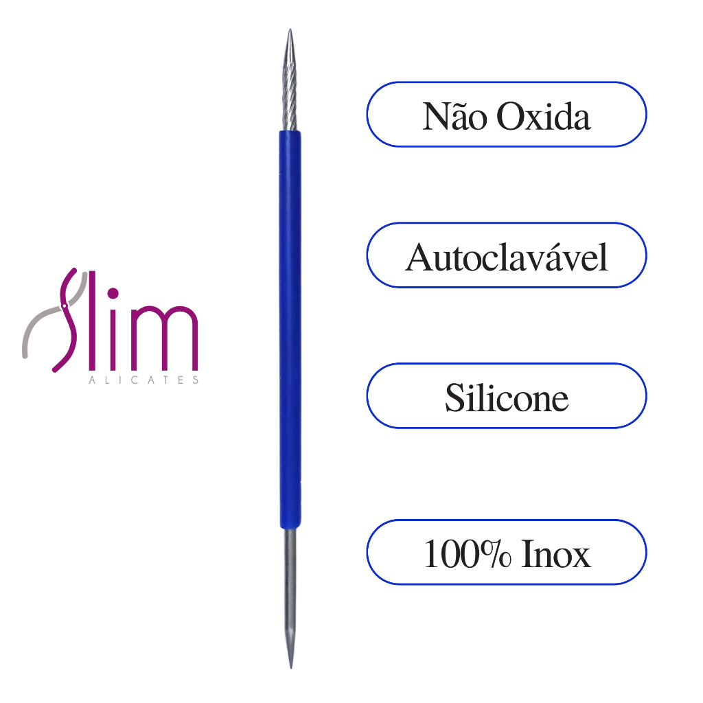 Kit com 5 Palito Duplo 105 Cutícula Manicure Pedicure Cutelaria Unha Azul Silicone Esterilizável Inox Slim
