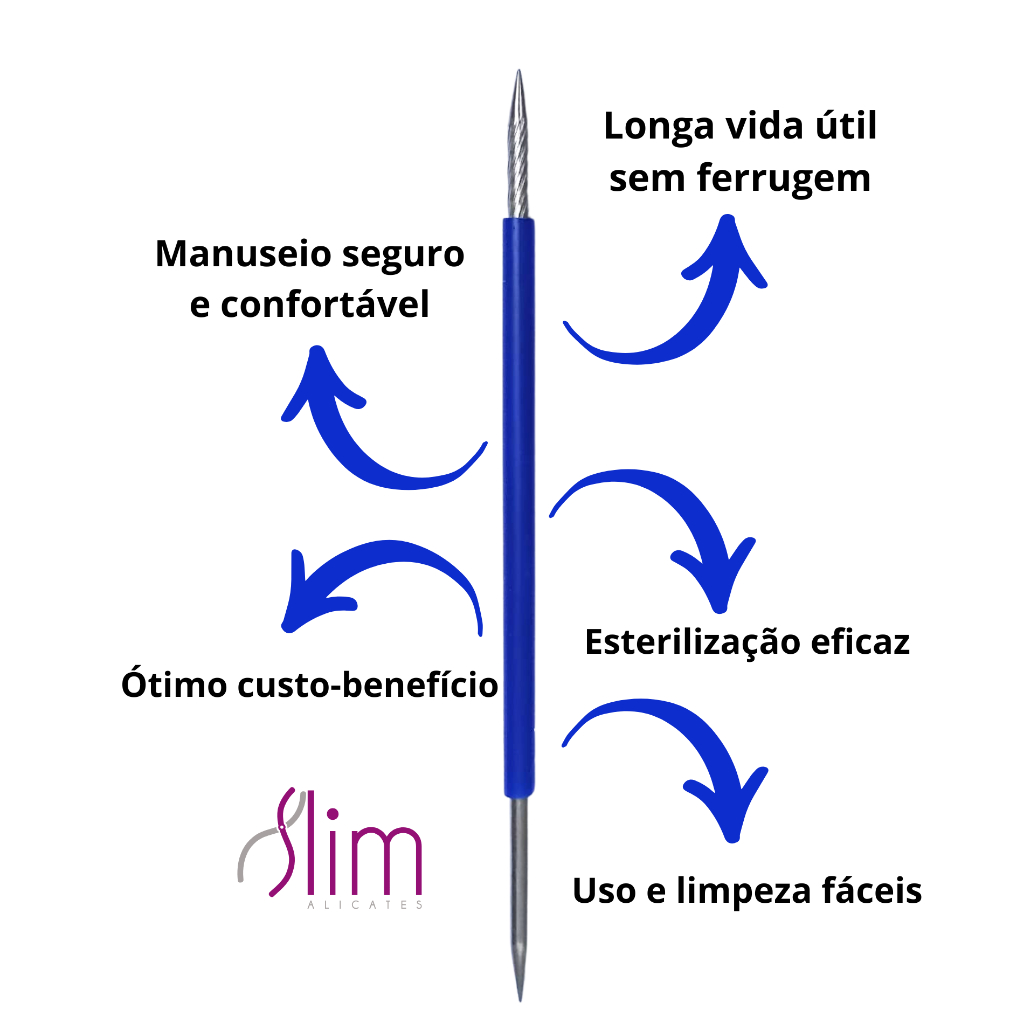 Kit com 5 Palito Duplo 105 Cutícula Manicure Pedicure Cutelaria Unha Azul Silicone Esterilizável Inox Slim